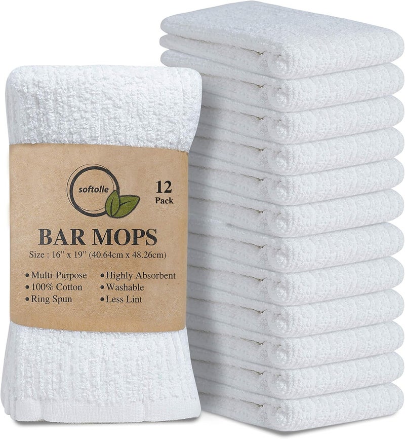 Softolle Bar Mop Towels, Pack of 12-16x19 Inches - 100% Cotton Super Absorbent Towels, Multi-Purpose for Home and Bar Cleaning (White) - Image 1